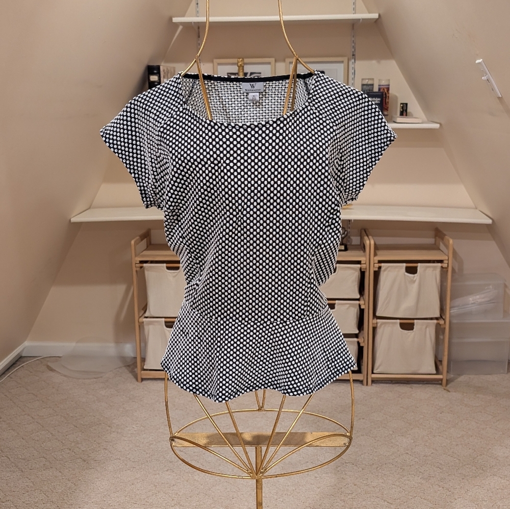 Worthington Black and White Polka Dot Peplum Top, Size XL